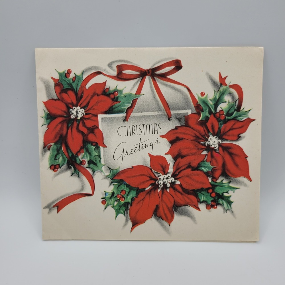 Vintage Christmas Greetings Card Poinsettia Flowers Made in USA Joseph Anderson